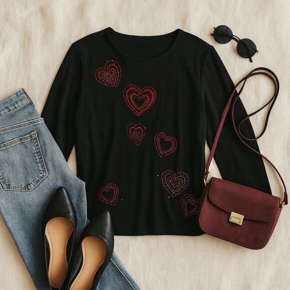 Quacker Factory T-Shirt Long Sleeve Hearts Black Cotton Blend Valentine Large - Picture 2 of 11